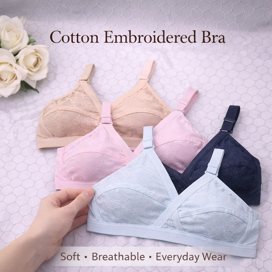 Pack of 4 Cross Design Women Ladies Girls Pure Cotton Non Padded Bra