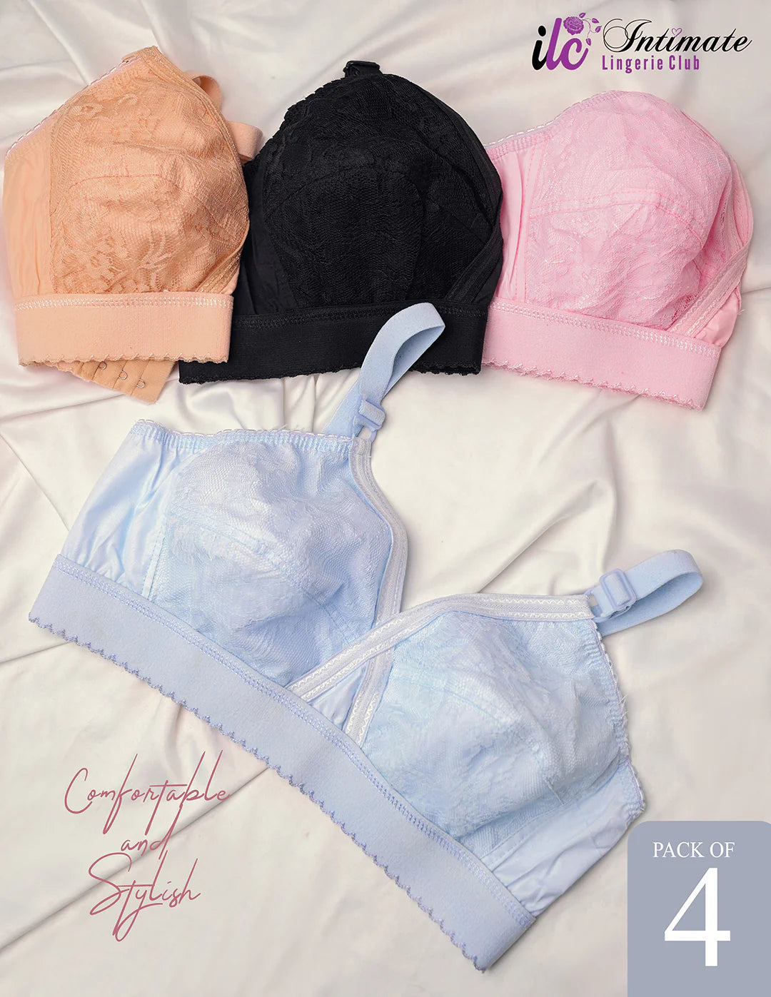 Pack of 4 Cross Design Women Ladies Girls Pure Cotton Non Padded Bra